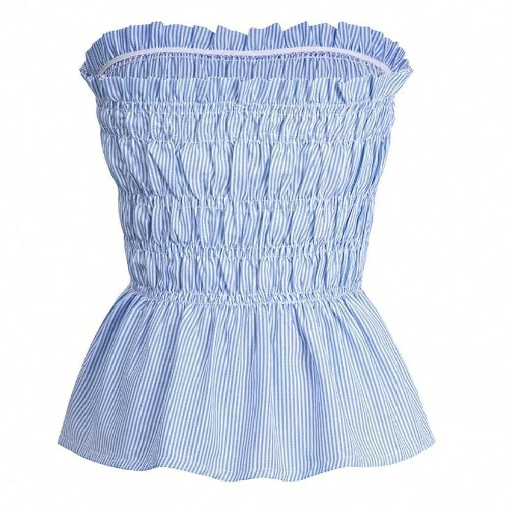 Blue Boho Women's striped Beach Vacation Tube top and Shorts - Picture 9 of 11